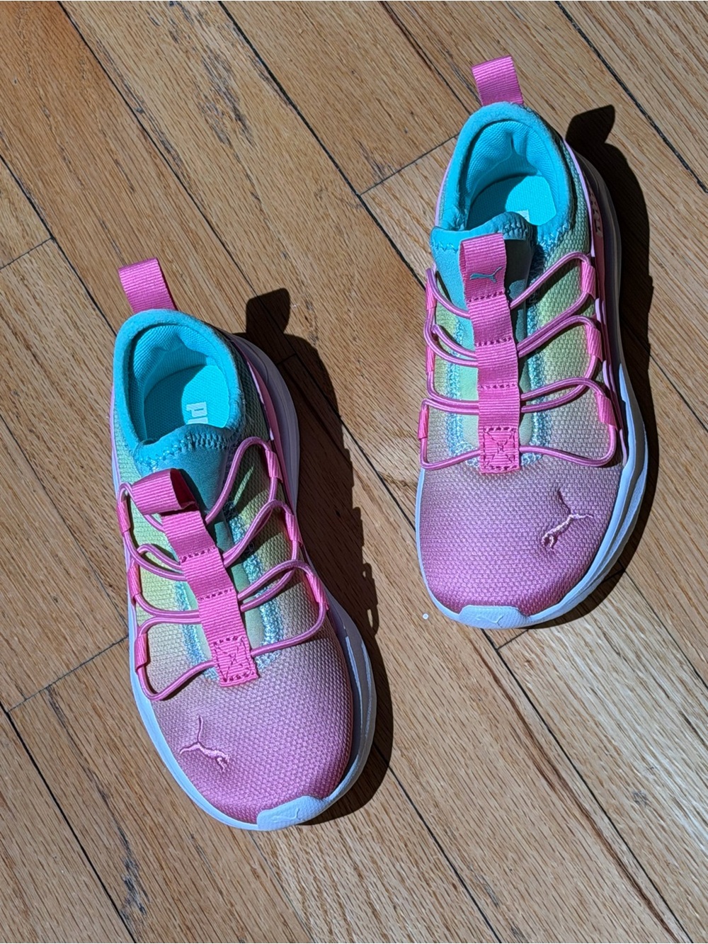 Never worn PUMA Kids' Pink and Teal Gradient Slip-On Sneakers